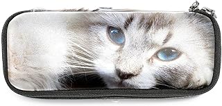 Chat Blanc aux Yeux Bleus Gros Plan Étui à Crayons Grande capacité Sac à Crayons Maquillage Pochette Étudiants Papeterie avec Porte-Stylo à Double Fermeture éclair pour école / Bureau 19x7.5x3.8cm