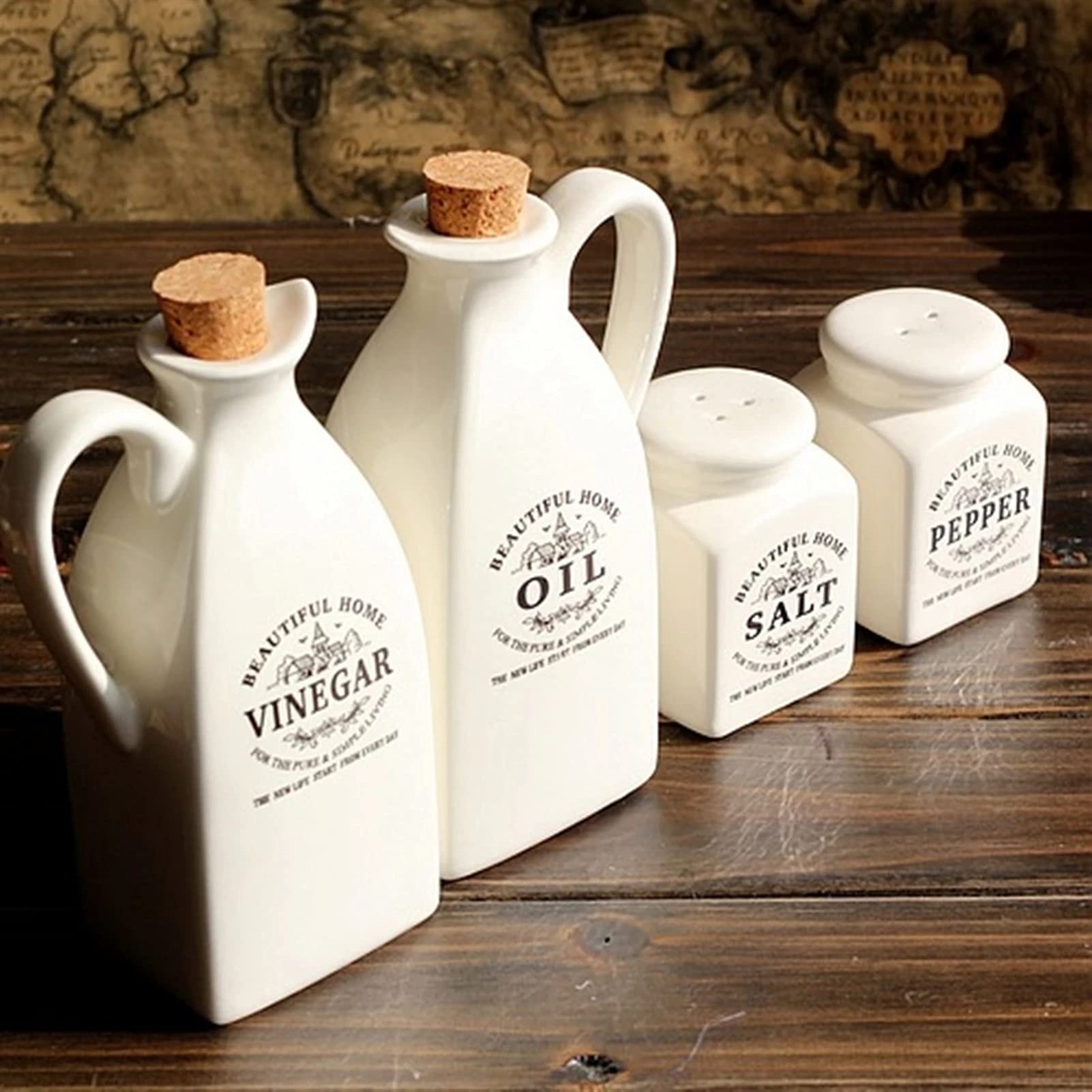 Vaso per spezie in ceramica da 4 pezzi con dispenser per bottiglie di sughero, olio e aceto in legno Pentola per condimento Pepe Aceto Olio Bottiglia di sale Strumento per cucinare Spezie