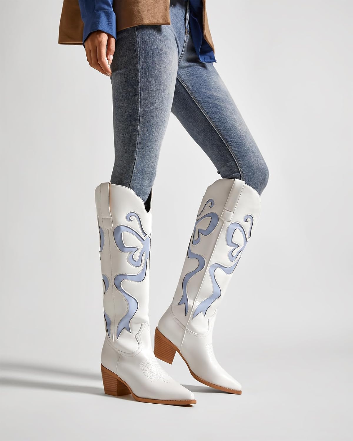 Cowgirl Boots - Womens Cowboy Boots with Colorful Bows Embroidered Western White Knee-High Boots Fashion Pull On Almond Toe Chunky Heel Country Tall Boots - Image 2
