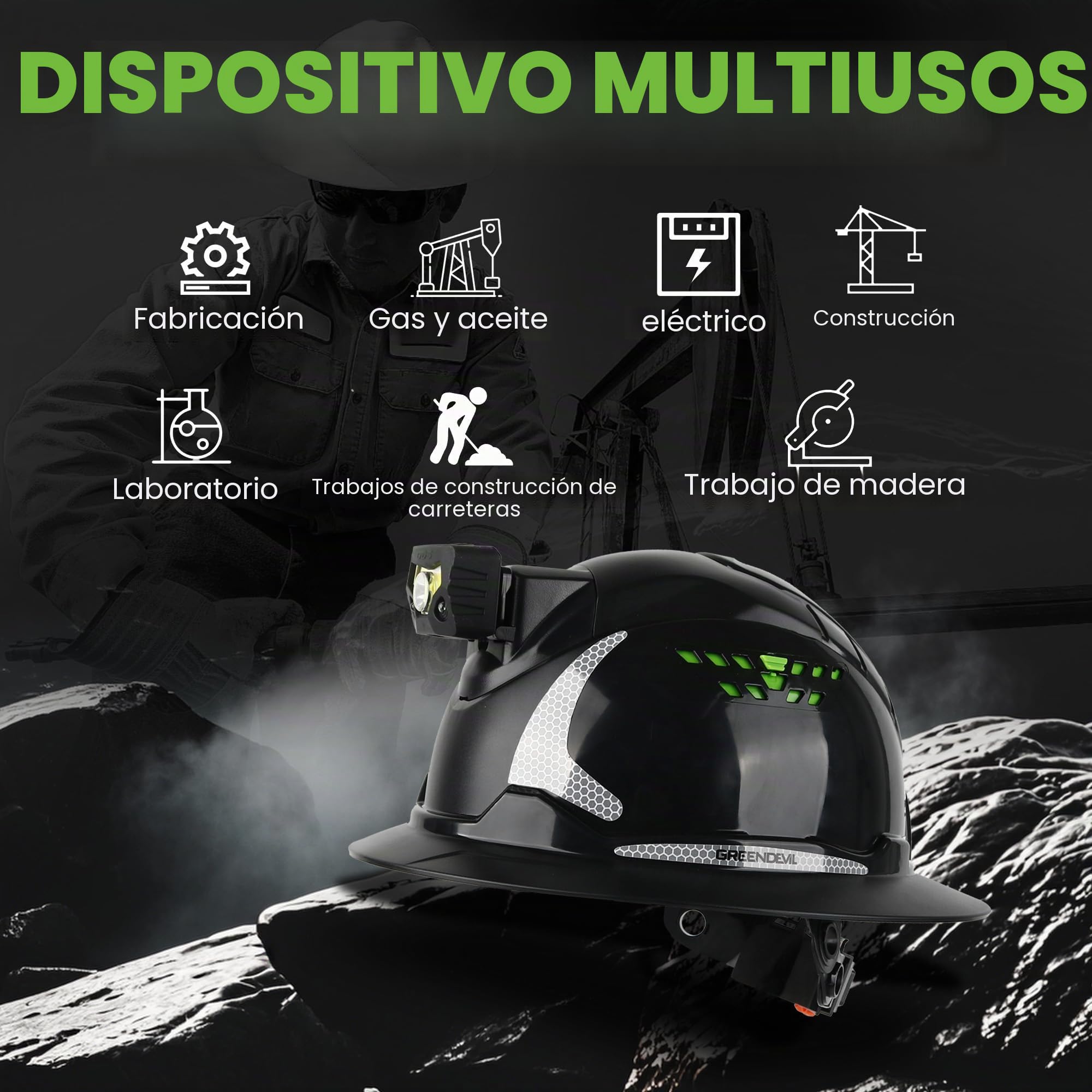 GREEN DEVIL Matrix Full Brim - Casco de seguridad EN 397 – Casco de protección con ventilación, linterna LED (IPX5), sistema de 6 puntos y forro interior ajustable – Ideal para construcción,