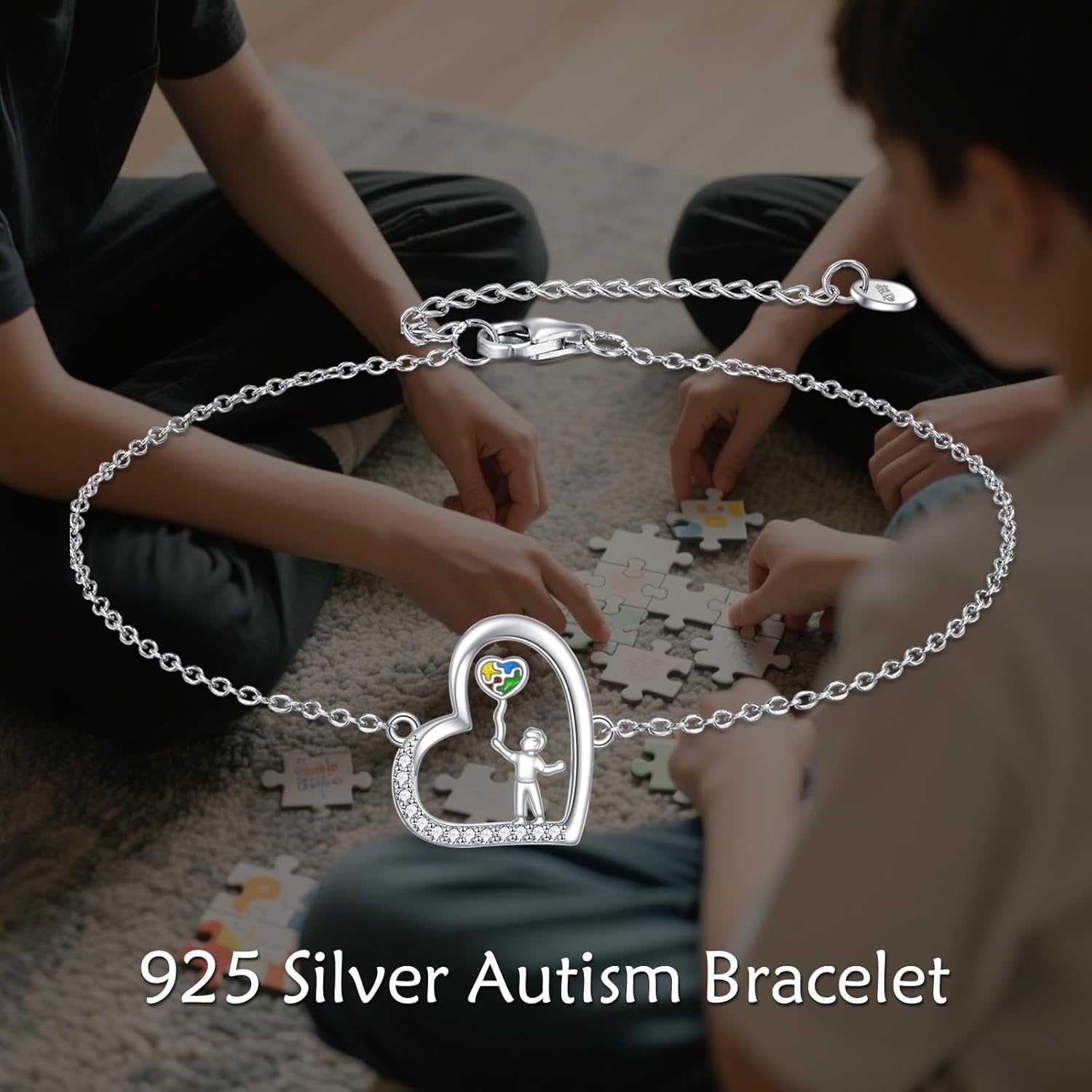 YFN Autism Awareness Bracelet Sterling Silver Puzzle Piece Charm Bracelet ASD Jewelry for Women Inspirational Autism Awareness Gifts
