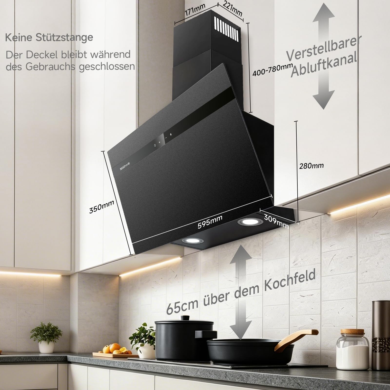 A+++ Dunstabzugshaube 60cm Umluft Kopffrei Schräghaube 380 m³/h Gestensteuerung Touchscreen Abluft Wandmontage Schwarz Mattglas