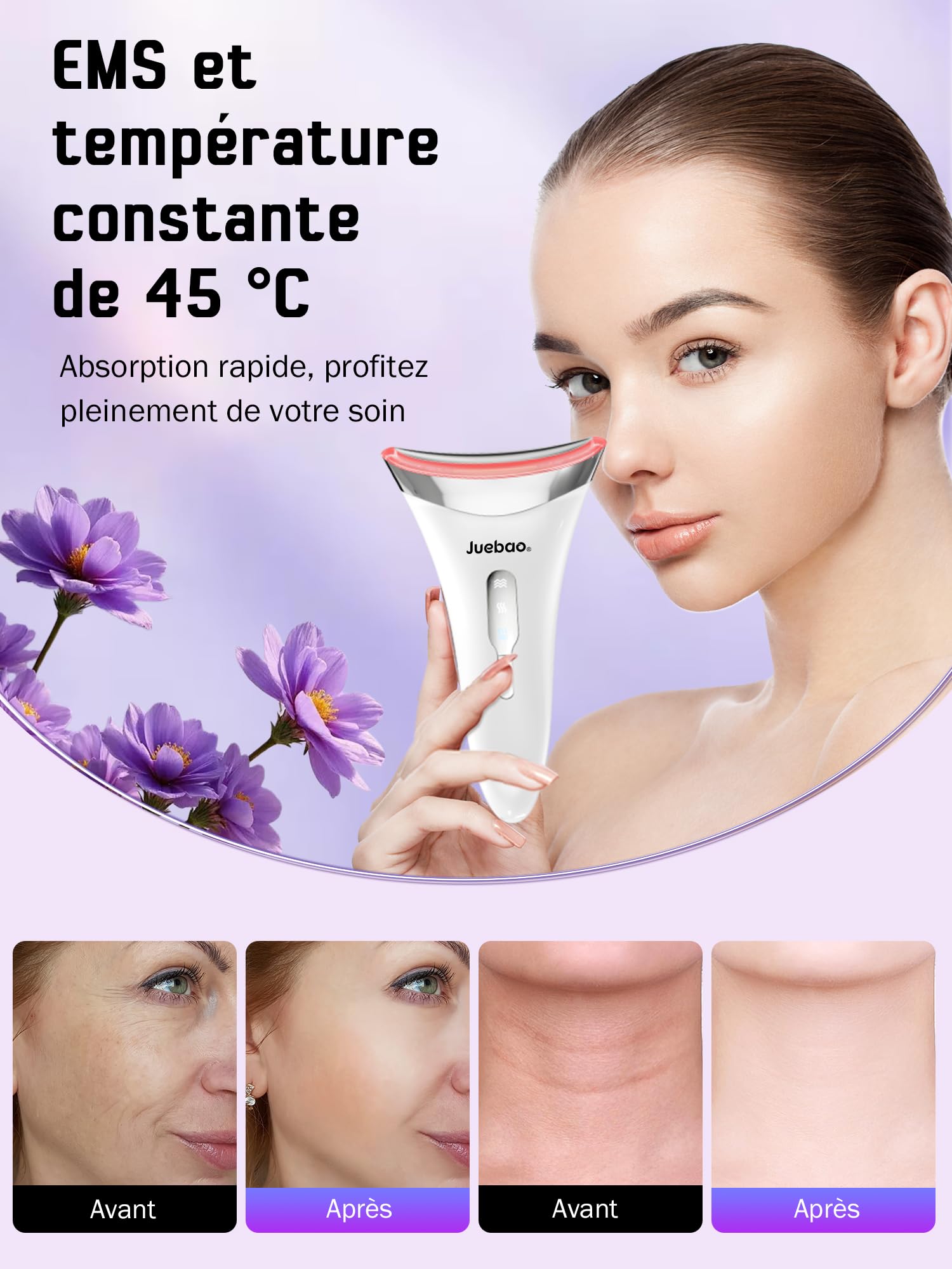 Appareil Anti Rides Visage Massage: Masseur Facial Électrique pour Lifting Visage et Double Menton 3 Modes LED - Chauffage à 45℃ EMS pour Raffermissement du Visage et du Cou - Anti-Âge pour Femmes