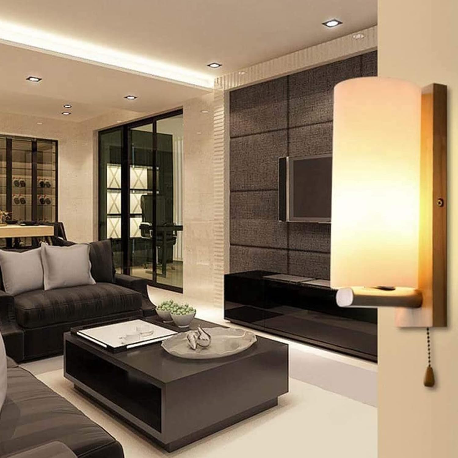 Modern Wandleuchte mit Zugschalter Glas Lampeschirm Wandlampe mit Schalte Holz & Glas Lampeschirm Rund Wandleuchten Lampe Innen Beleuchtung Wohnzimmerlampe Flur Schlafzimmer Leuchten