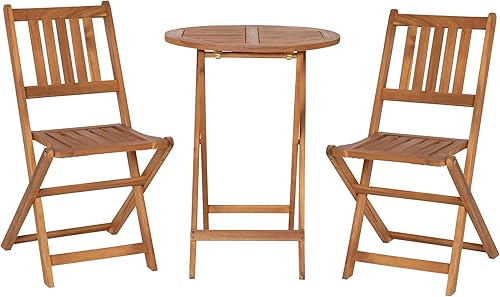 Miniatura 2 de BizChair Juego de 3 piezas de bistró plegable para patio, madera de acacia con acabado natural, mesa redonda para interiores y exteriores, 2 sillas,
