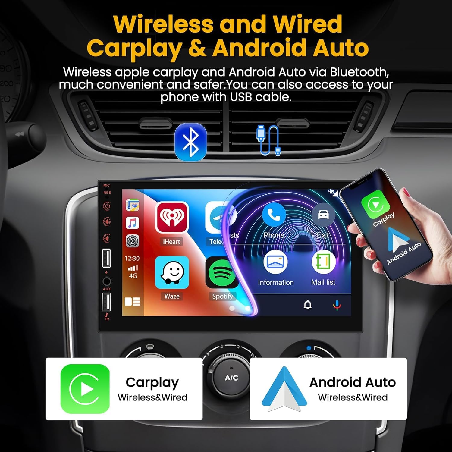 Hikity Wireless Carplay Android Auto Single Din Car Stereo 7 Inch Car Play Touchscreen Radio GPS Navigation Bluetooth FM Backup Camera - Image 2