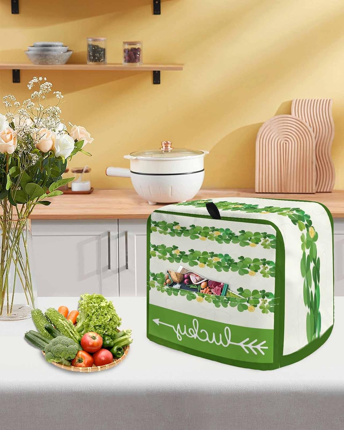 Happy St. Patrick's Day Stand Mixer Cover with Storage Pocket, Waterproof Kitchen Mixer Covers, Lucky Green Shamrock Grasses Kitchen Appliance Dust Cover Compatible with 5-8 Quart Mixers