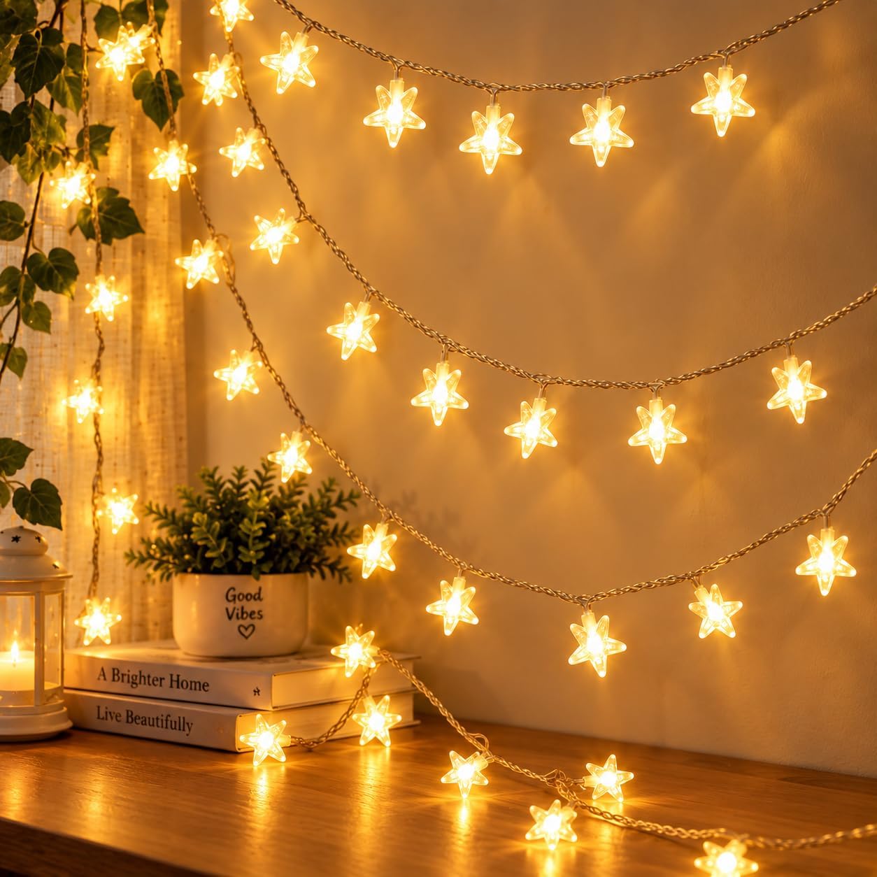 Gesto 10 Feet LED String Lights – 14 LED Crystal Star Warm White Fairy Lights for Decoration | 360° Decorative Diwali Lights for Home Decor, Mandir, Pooja Room, Christmas, Festival & Diwali Decoration