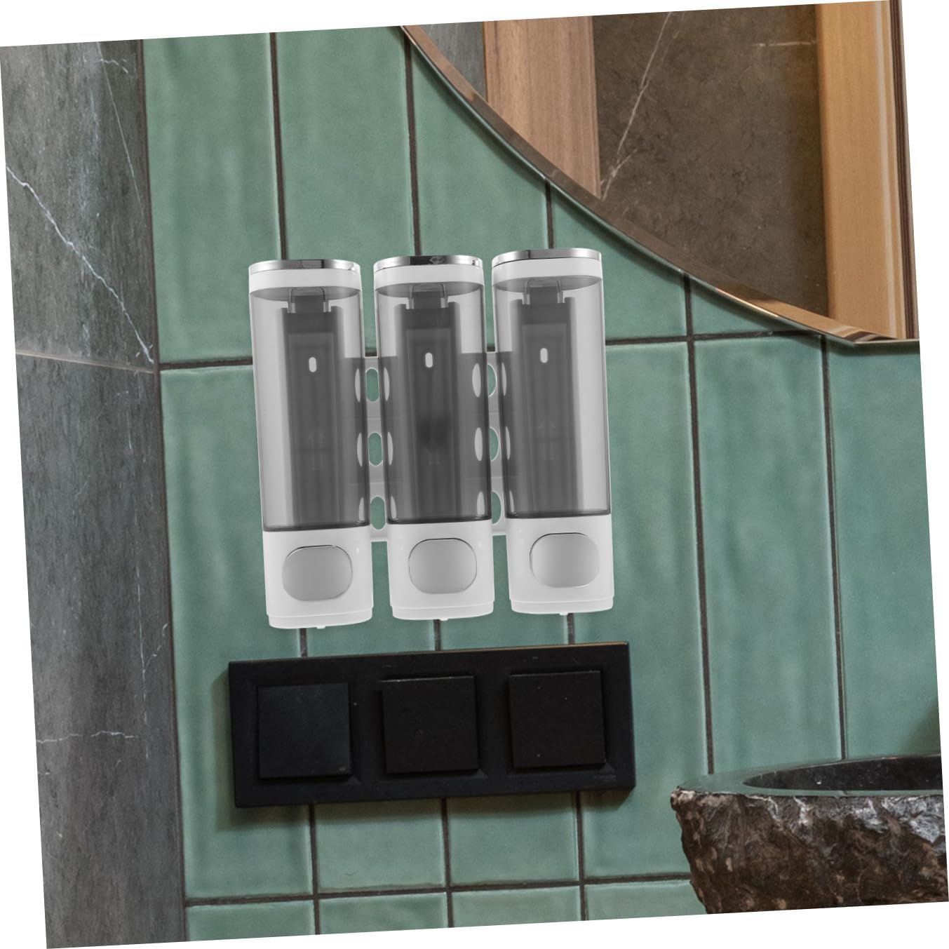 Uonlytech Manual 3-in-1 Wall Mounted Soap Dispenser with Electroplated White Finish, Triple Chamber Shampoo Conditioner and Liquid Soap Holder for Shower Room Bathroom