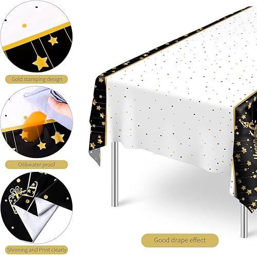 Miniatura 3 de Ruisita Paquete de 2 manteles rectangulares para fiestas de cumpleaños 60 en interiores o exteriores, color negro y dorado