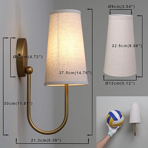 Miniatura 2 de Yosoan Brass Linen Fabric Shade Wall Sconce Set of 2, Vanity Aged Vintage Industrial Hardwired Gold Boho Wall Mounted with Long Cone Shade for