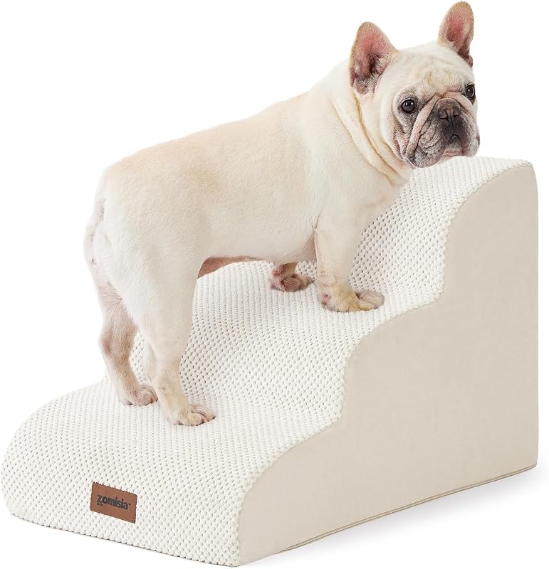 Escada para Cães Pequenos em Espuma 35D com Fundo Antiderrapante ZOMISIA Bege, 3 Degraus