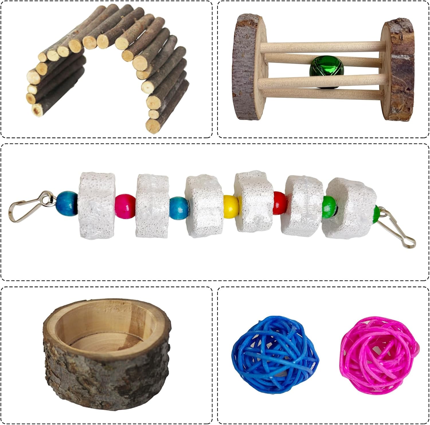 Hamiledyi Dwarf Hamster Activity Playground Mice Living Gym System Set Natural Wood Gerbil Climbing Platform Syrian Exercise Cage Accessories with Lava Stone String Chewing Toy Ladder Bridge Ramp