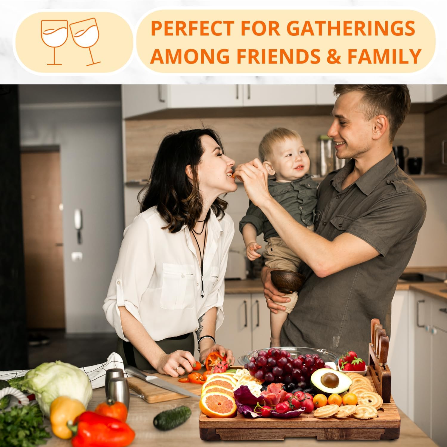 Premium Large Cheese Boards Acacia Nice Charcuterie Boards Gift Set Handcrafted Cheese Tray Set Unique Housewarming Gifts, Wedding Gifts for Couple, Bridal Shower Gifts (Retangular-No Slate)