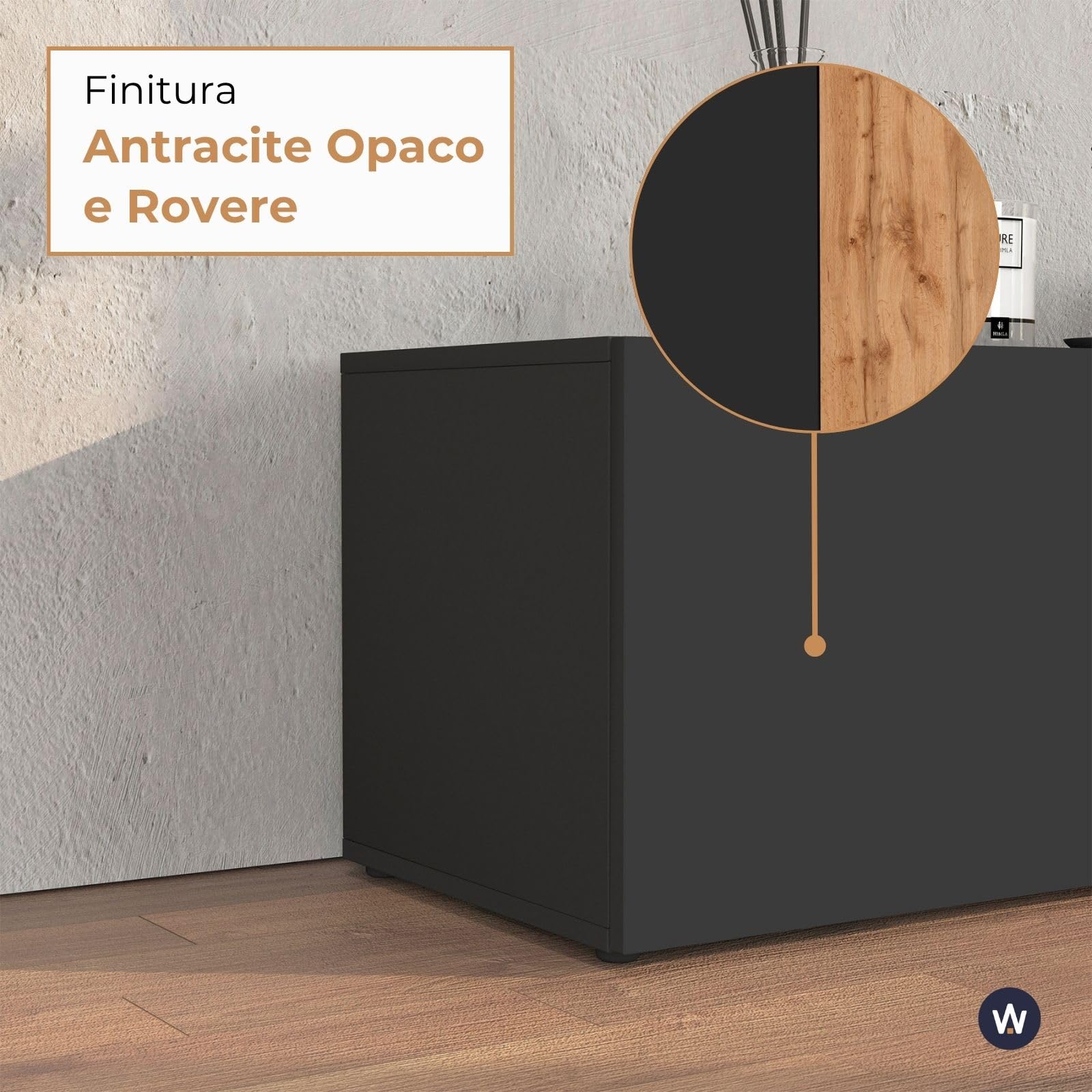 WHOUS Parete Attrezzata CHRONOS per Soggiorno, Mobile Porta TV, 2 Pensili a Cubo e Mensola per Salotto in Legno, 210x40 cm, Antracite Opaco e Rovere