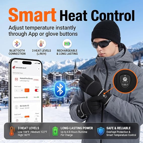 SAVIOR HEAT Bluetooth Heated Glove Liners for Men & Women, Ultra Thin Rechargeable Gloves with 3 Heat Levels, Touchscreen Thermal Hand Warmers for Winter Skiing, Hiking & Cycling