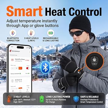 SAVIOR HEAT Bluetooth Heated Glove Liners for Men & Women, Ultra Thin Rechargeable Gloves with 3 Heat Levels, Touchscreen Thermal Hand Warmers for Winter Skiing, Hiking & Cycling