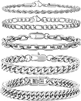 VNOX 5PCS Stainless Steel Chain Bracelet Set for Men Women - Cuban Link Curb Rope Figaro Mix, 6.5-9 Inch Adjustable Unisex Jewelry