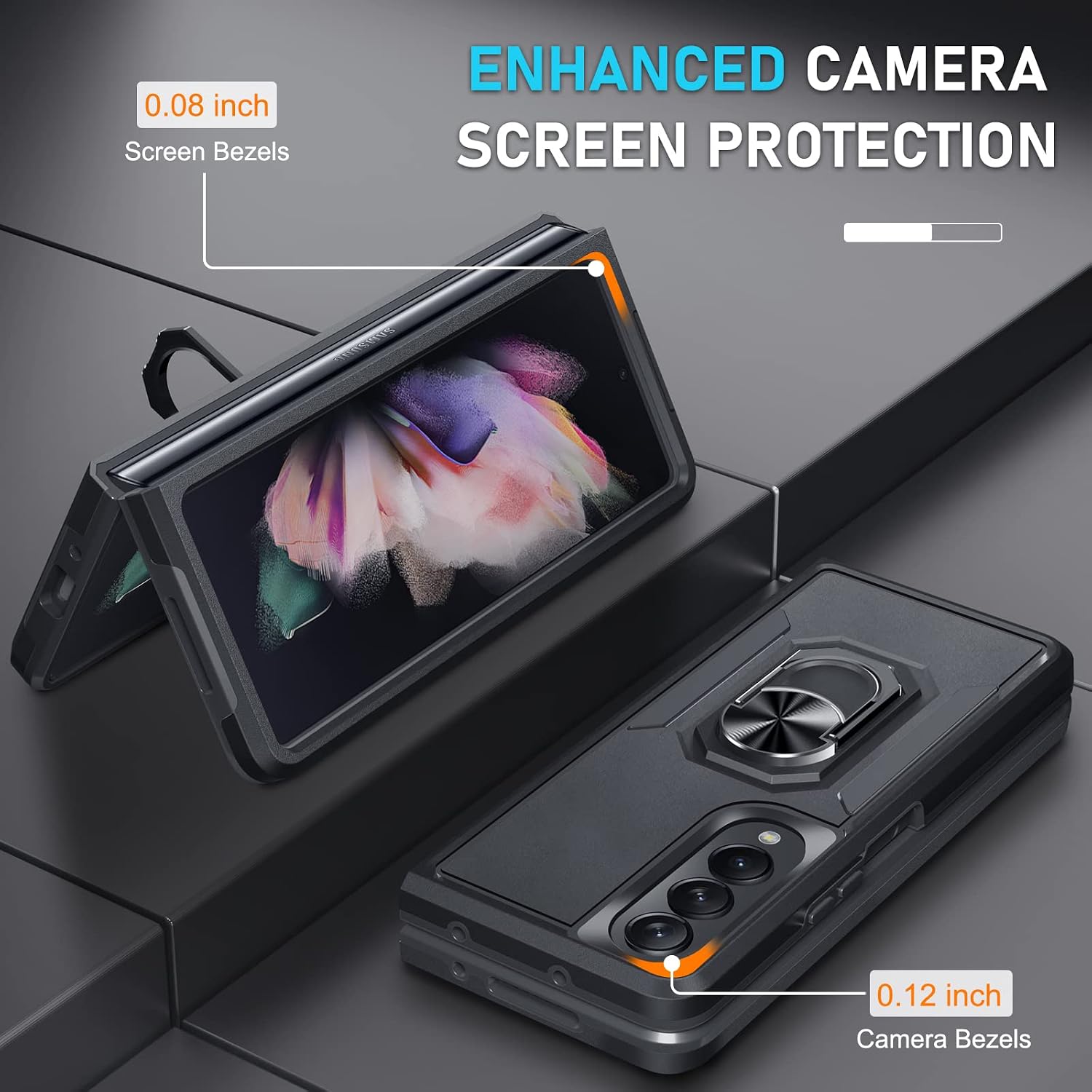 PULEN for Samsung Galaxy Z Fold 4 5G Case with Screen Protector+Camera Lens Protector (3 in 1),Magnetic Metal Ring Kickstand Cover [Military Grade] [Shockproof Protection] Heavy Duty Case -Black