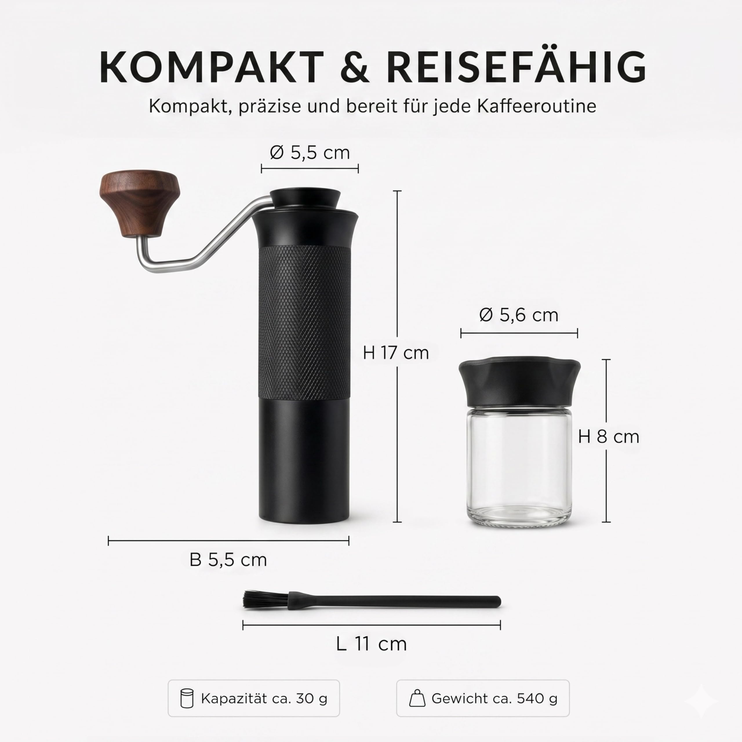 Thiru Handkaffeemühle manuell, Testsieger 2026*, Edelstahl-Kegelmahlwerk mit 60 Mahlgraden & Doppellager – Espresso mit Crema, Filterkaffee & French Press, Holzgriff & 2 Glasbehälter (Walnussgriff)
