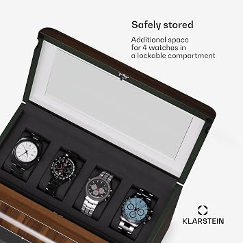 KLARSTEIN Automatic Watch Winder for 10 Watches, Luxury Watch Storage Box, Acrylic Window Display Case, Auto Winder Uk for Men & Women, Blue LED, 5 TPD Settings, Spring Tension Motor