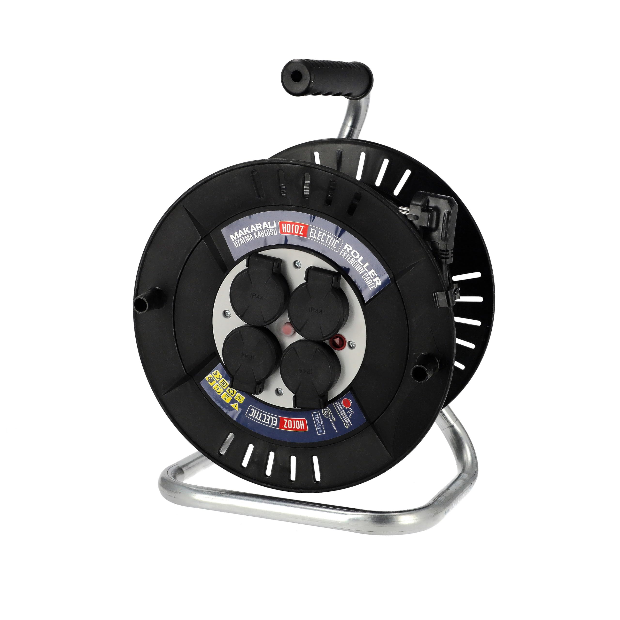 Avvolgicavo 40 metri IP44 - Prolunga Elettrica Avvolgicavo 230V 3300W Prolunga da Cantiere - Tamburo Cavo con 4 Prese Schuko 3×2,5 mm² - Avvolgicavo da Esterno per Giardino, Garage - Horoz Electric