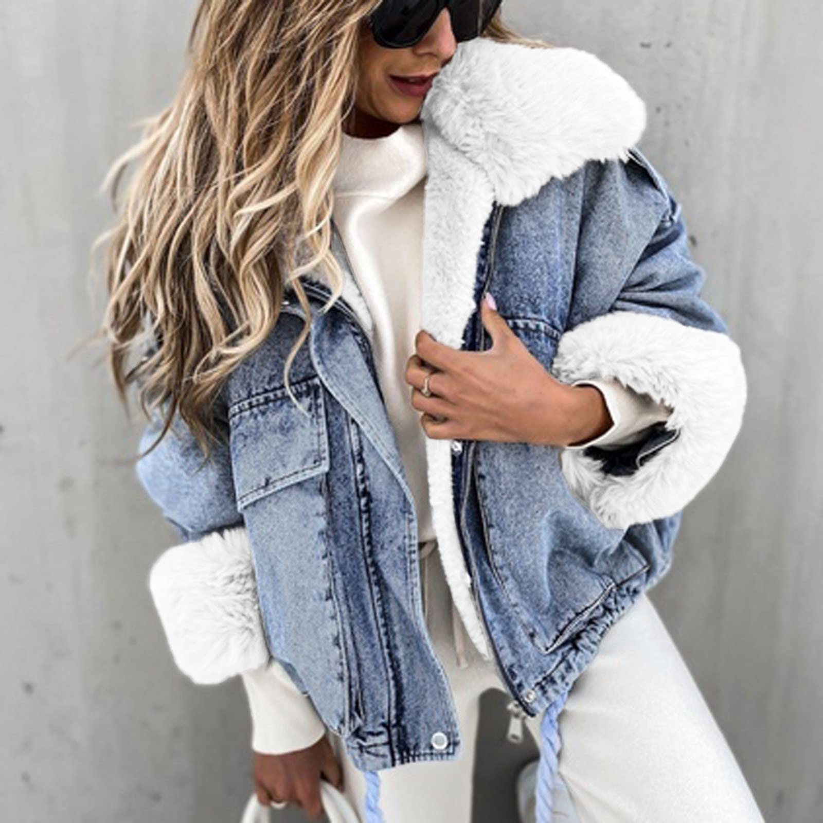 IQYU Chaqueta vaquera con pelo para mujer – Chaqueta de invierno para mujer, chaqueta larga y cálida, forro polar, con capucha, para adolescentes, para exteriores, chaqueta vaquera, chaqueta vaquera,