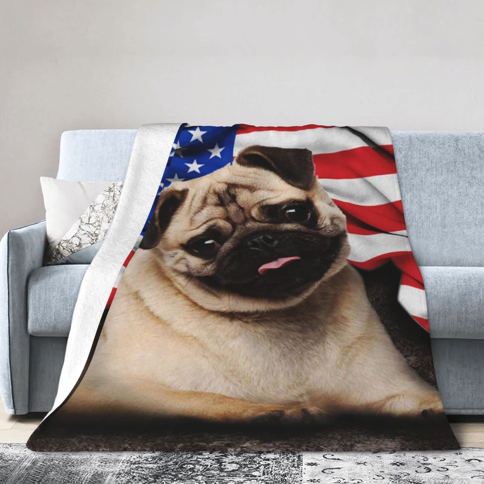 Lsjuee Christmas Flannel Fleece Blanket 50"X40" Pug. American Patriot Bed Throw Blanket Funny Ultra-Soft Travel Winter Blankets for Kids Keep Warm