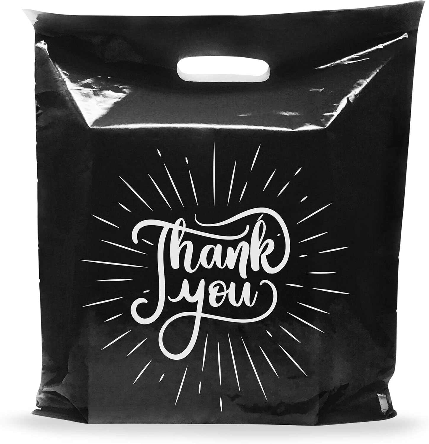 20x20 Black Thank You Merchandise Bags, Spark Design, Extra Large Size, 100 Pack, 2 Mil Thick, with Die-Cut Handles by PPB