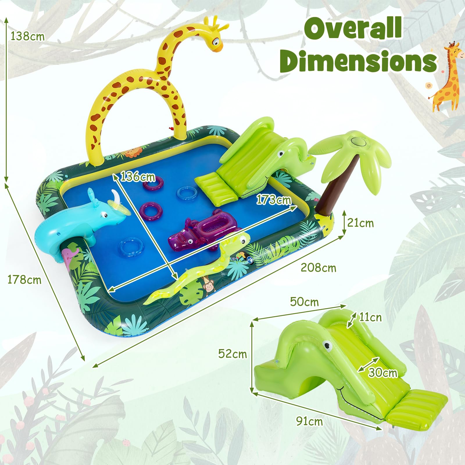 FANTASK Centro di giochi d'acqua gonfiabile con animali della giungla, 208 x 178 x 138 cm, piscina per bambini a partire dai 2 anni, parco acquatico per giardino e piscina