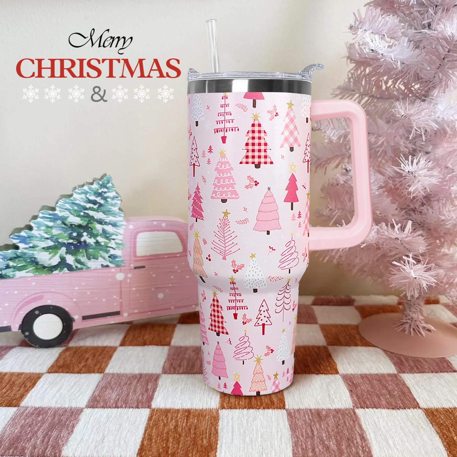 Ceovfoi 40 Oz Pink Christmas Tree Tumbler With Handle,Christmas Tree Coffee Travel Mug Cup,Christmas Decor,Christmas Gifts for Women - Image 5