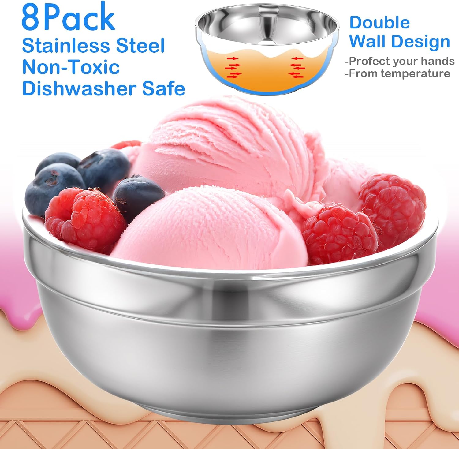 8 Pack 24 oz Stainless Steel Bowls Double Walled Insulated Soup Ice Cream Metal Mixing Nesting Bowls for Serving Soup Rice Cereal