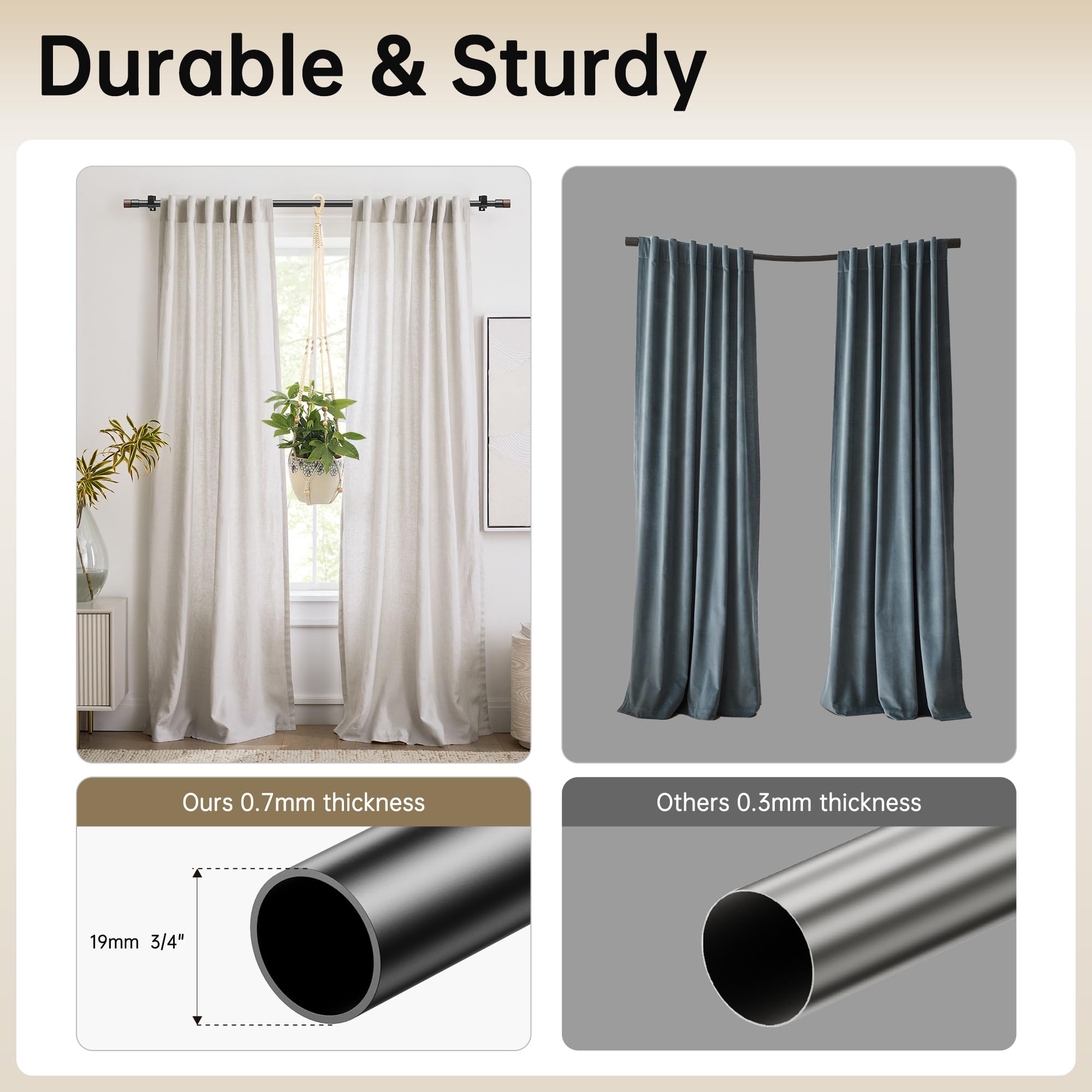 Bastoni Per Tende Allungabili Eson Casa - Regolabili 76-350cm, Diametro 19mm, Design Venature Legno - Per Camera Da Letto E Soggiorno - Foto 7