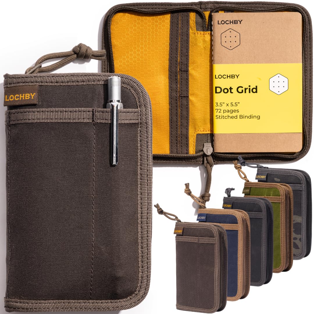 LOCHBY Pocket Journal with Zipper, Waxed Canvas Cover for Field Notes, Moleskine Cahier Journal with Pen Holder fits 3.5" x 5.5" Notebook, Everyday Carry EDC (Brown)