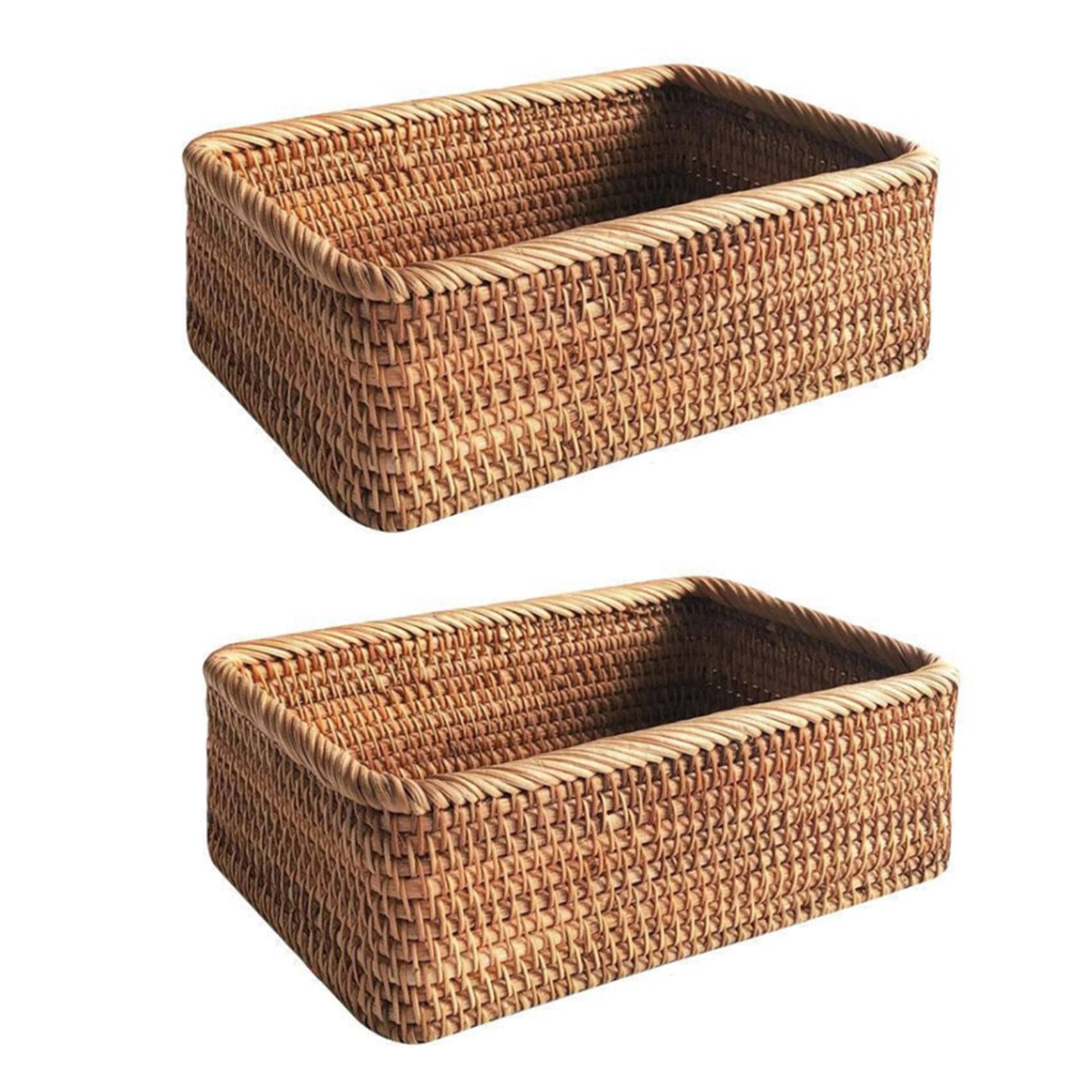 Hndhbfgrt 2X Hand-Woven Rectangular Rattan Wicker Basket Fruit Tea Snack Bread Picnic Cosmetic Box Kitchen Household Tools-L