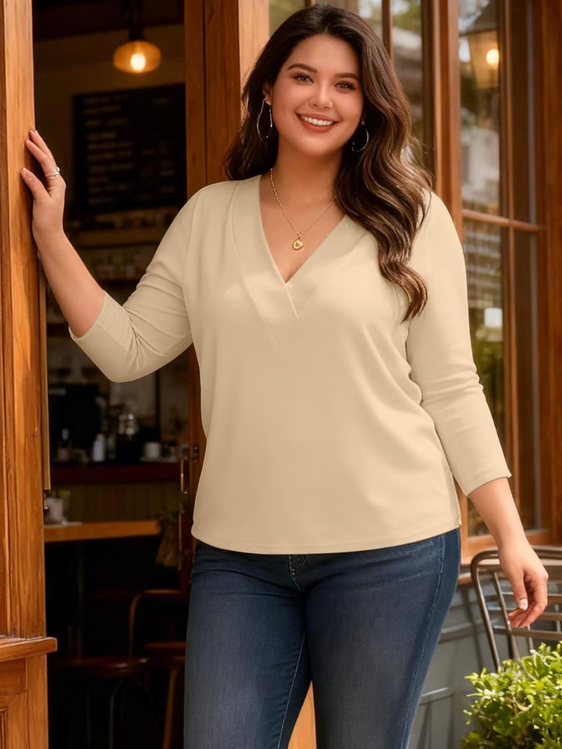 Bliwov Women’s 3/4 Sleeve V Neck Tops Loose Fit T Shirts Casual Work Blouses 2026 Spring Soft Basic Tees Summer Outfits Apricot - Image 2