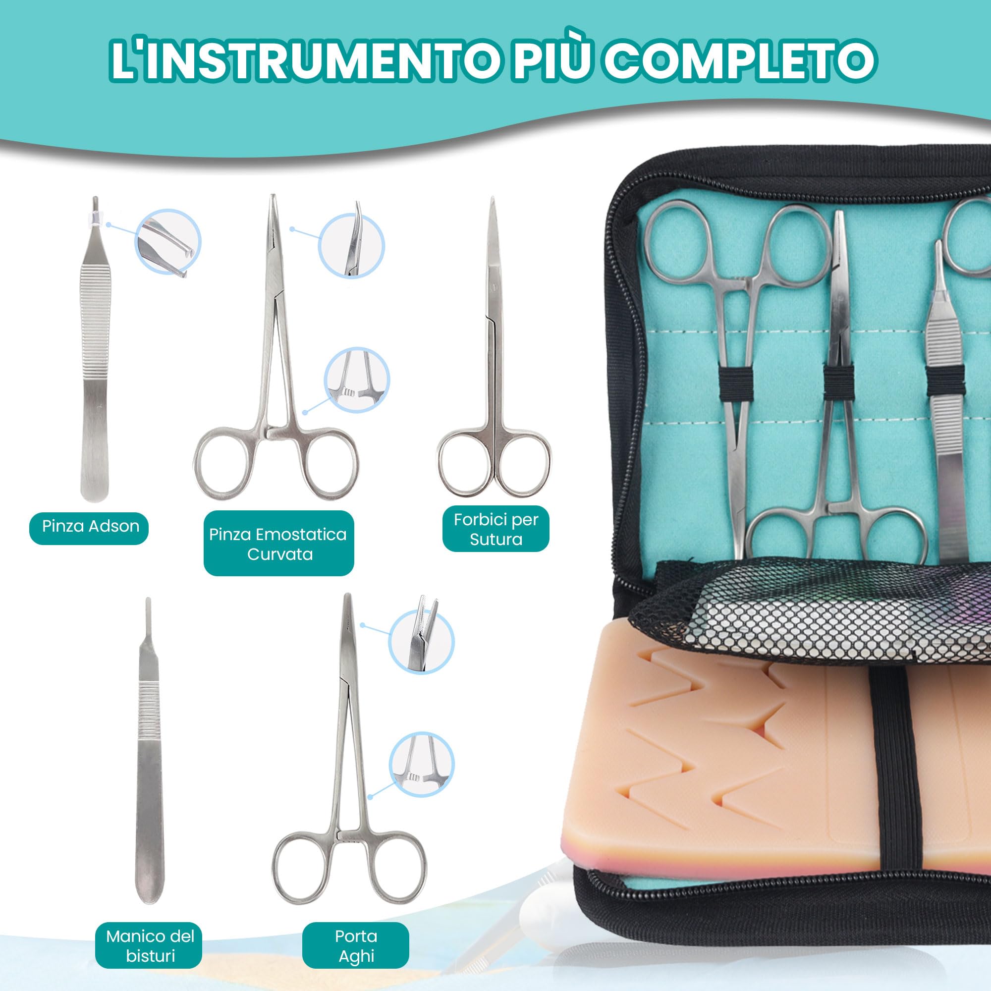Kit Sutura con Cuscinetto Ultra Realistico – Kit Sutura Studenti Medicina con Formazione E-Learning, Kit Allenamento Completo, Idea Regalo Studente Medicina