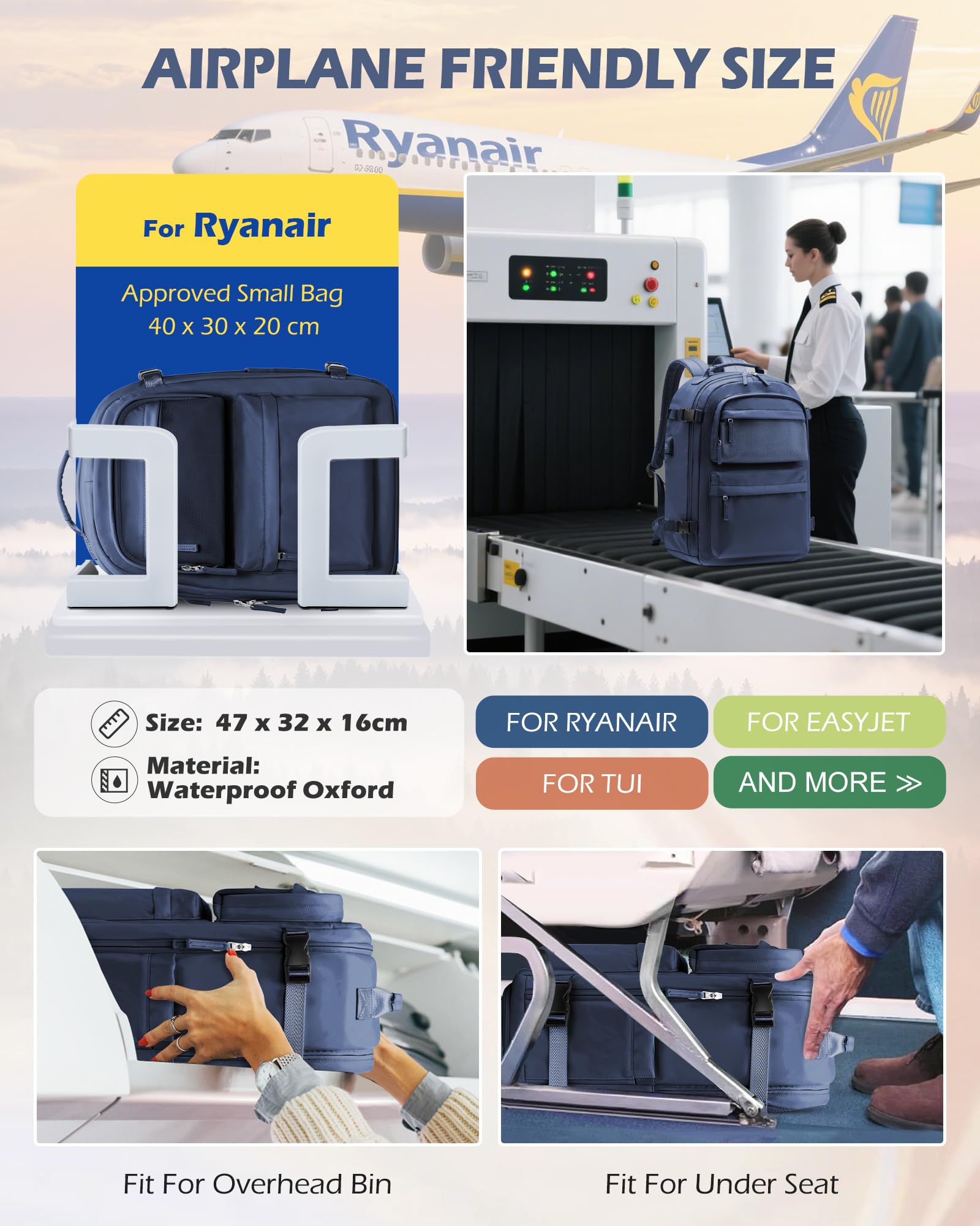 BJLFS Borse da Cabina per Ryanair 40×30×20 Zaino da Viaggio con Sottovuoto Bagaglio a Mano 40x20x25 Easyjet 45×36×20,Zaino con sistema di compressione,Zaino Casual per laptop da 14 pollici per scuola