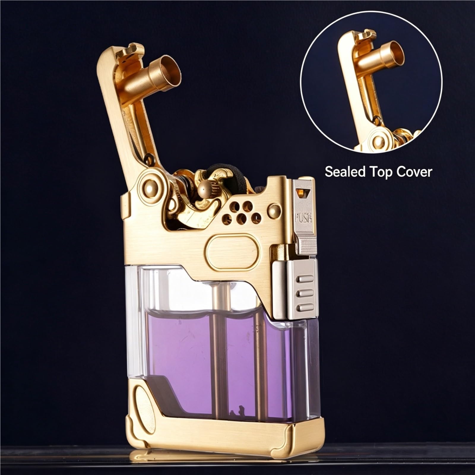 Encendedor de queroseno con encendido de un botón, diseño resistente al viento, tanque de combustible transparente, reutilizable, bloqueo de seguridad para hombres