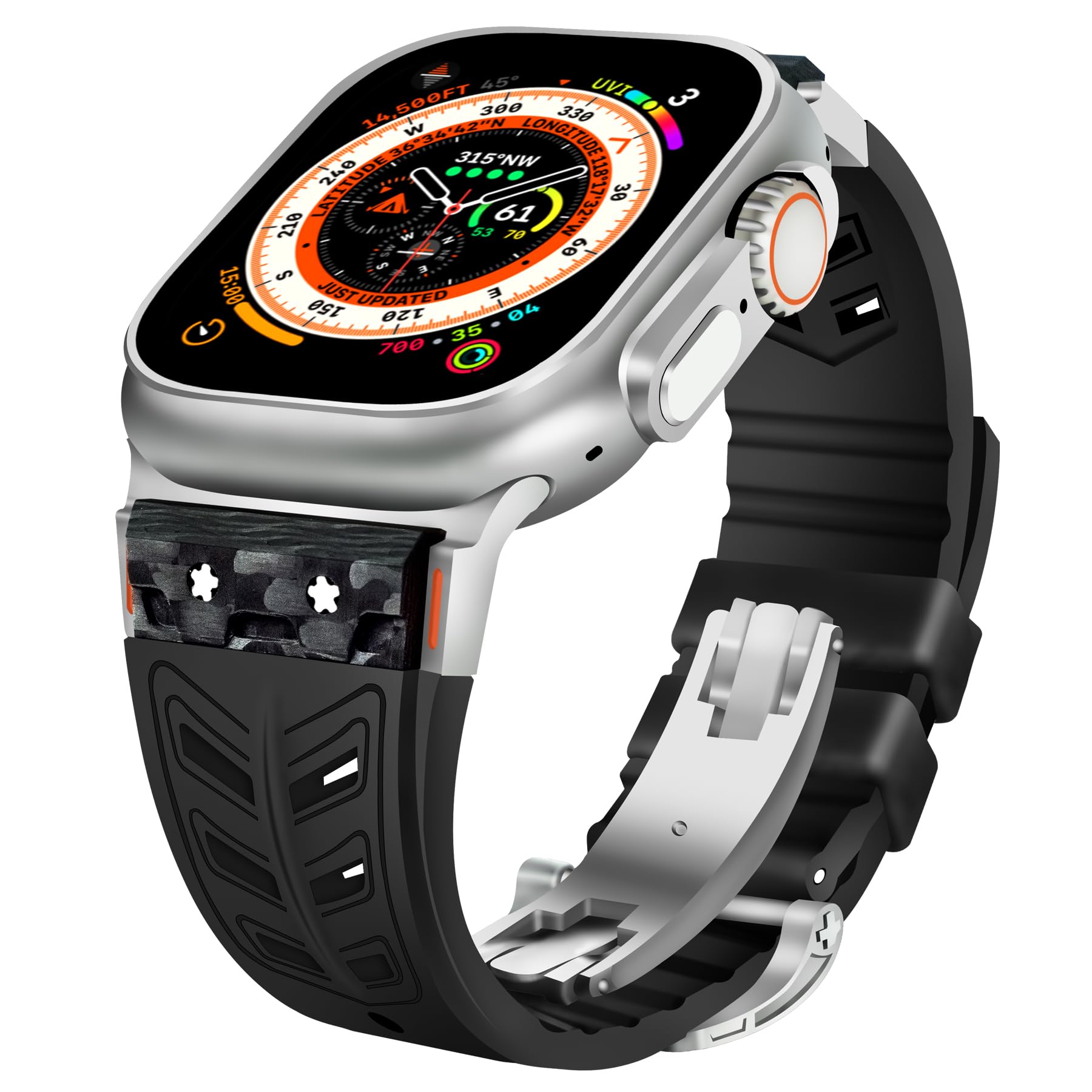 Jopinl FKM Rubber Watch Band Compatible with Apple Watch Ultra 2 49mm 46mm 45mm 44mm, Luxury Men Rugged Strap with Carbon Fiber & Metal Connector for