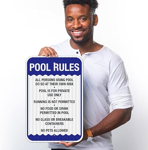 Miniatura 2 de Letrero de reglas de la piscina, No Food or Drinks Pool Sign, 12x18 pulgadas, 3M EGP reflectante 0.63 aluminio, resistente a la decoloración, fácil