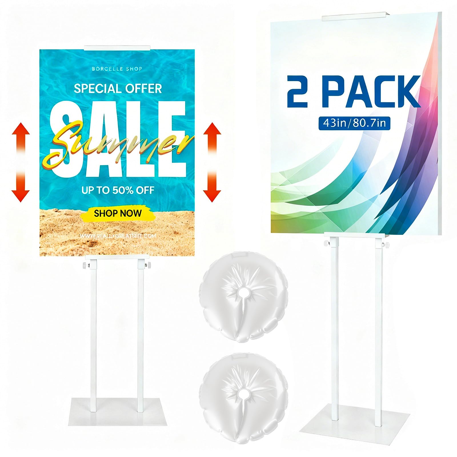 Photo 1 of 2 Pack Stand Heavy Duty Adjustable Pedestal Sign Holder, Poster Height 4.7 to 83 in for Double-Sided Foam Board Signs with Water-Filled Base for Stability, for Wedding Business Outdoor Events(White)