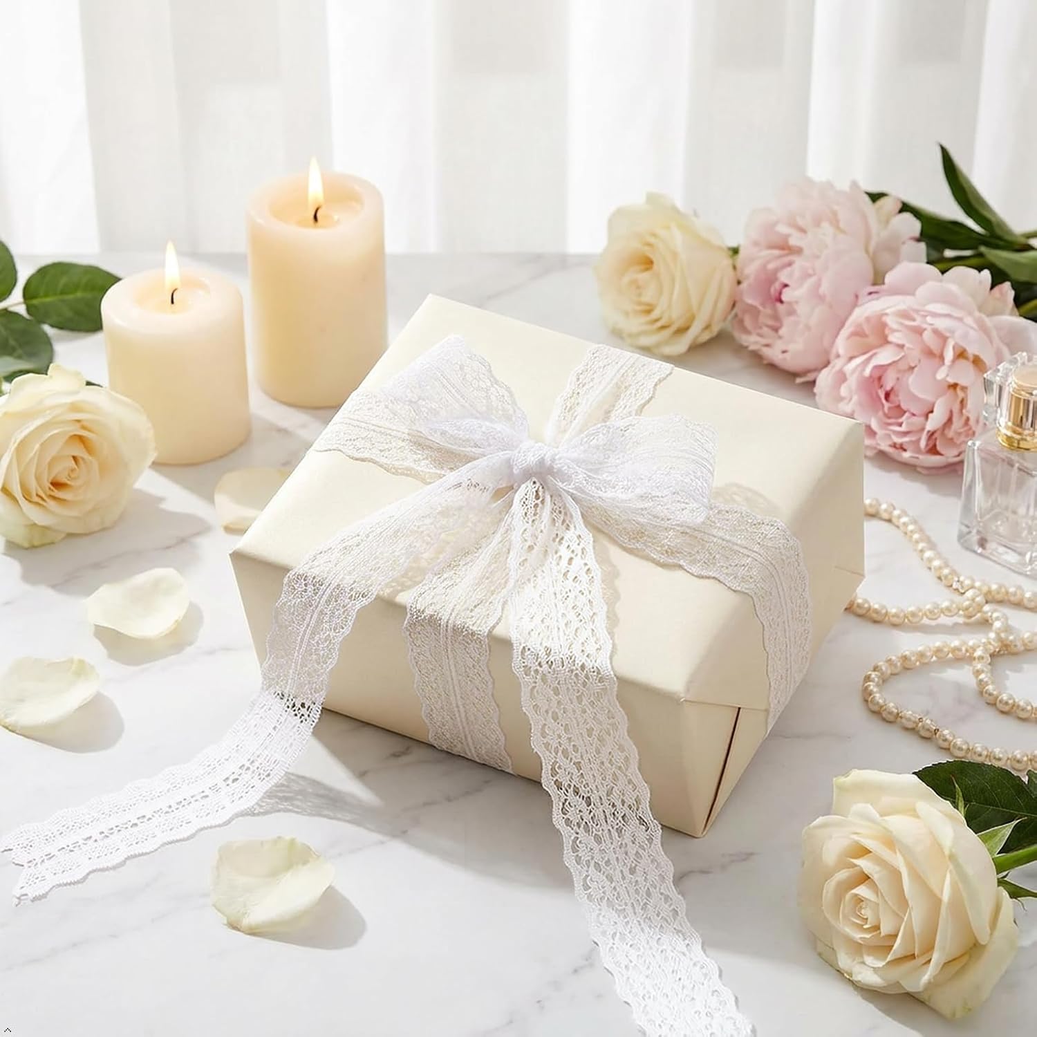 White Lace Ribbon Floral Trim - 30 Yards Polyester DIY Handmade Decor