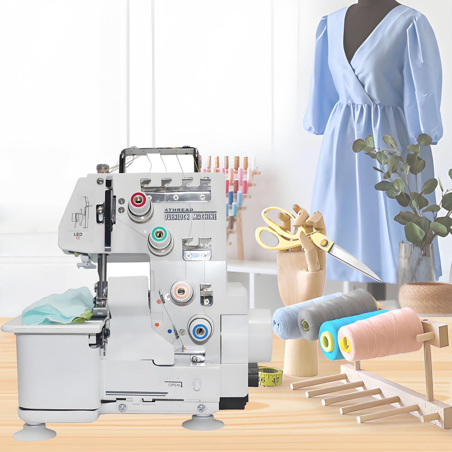 Máquina de Coser overlock Industrial, Resistente, con Marco metálico y Capacidad para 3 o 4 Puntadas, con luz LED y 1200 Puntadas por Minuto.