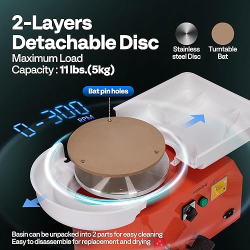 Miniatura 3 de VIVOHOME Torno de alfarero eléctrico de 9.8 pulgadas 25CM con agujeros para pines de bate, rueda de arcilla cerámica con pedal y cuenca desmontable,