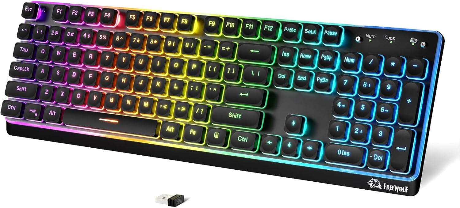 ZIYOU LANG M104 RGB Wireless Keyboard, Low-Profile Silent Membrane Keys, 2.4G Bluetooth USB Wired, Spill-Resistant, Rechargeable Full-Size 104-Key Keyboard for PC Mac, Black