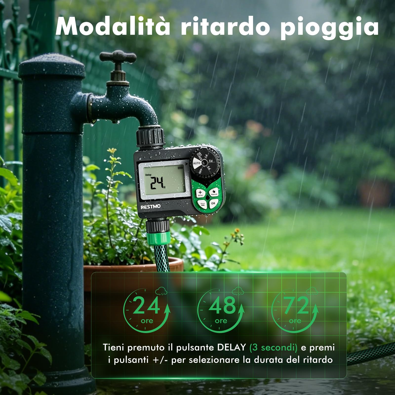 RESTMO Computer di Irrigazione, Timer Irrigazione con valvola a sfera | Programma Settimanale, 3 Piani e Ritardo Della Pioggia (24-72 h), per Cisterne Piovane, Aiuole Rialzate e Prati
