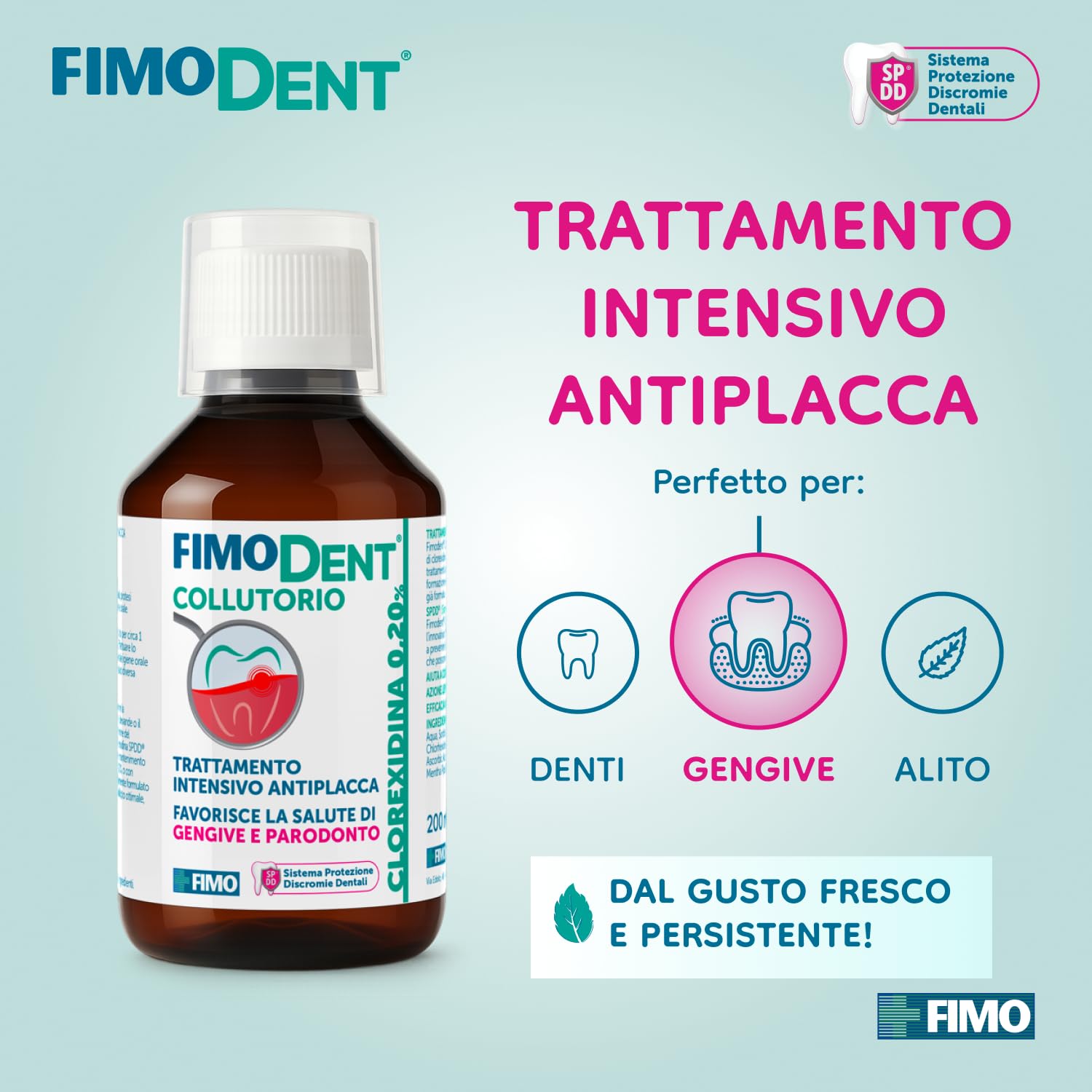 Fimodent Collutorio - Clorexidina 0.20% con SPDD (Sistema Protezione Discromie Dentali) e gradevole gusto menta - Trattamento antiplacca e antibatterico intensivo - 200ml
