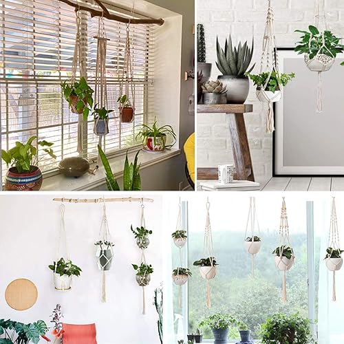 Miniatura 7 de Perchas de macramé para plantas hechas a mano, cuerda de algodón, soporte para macetas colgantes con temática bohemia para interiores y exteriores,