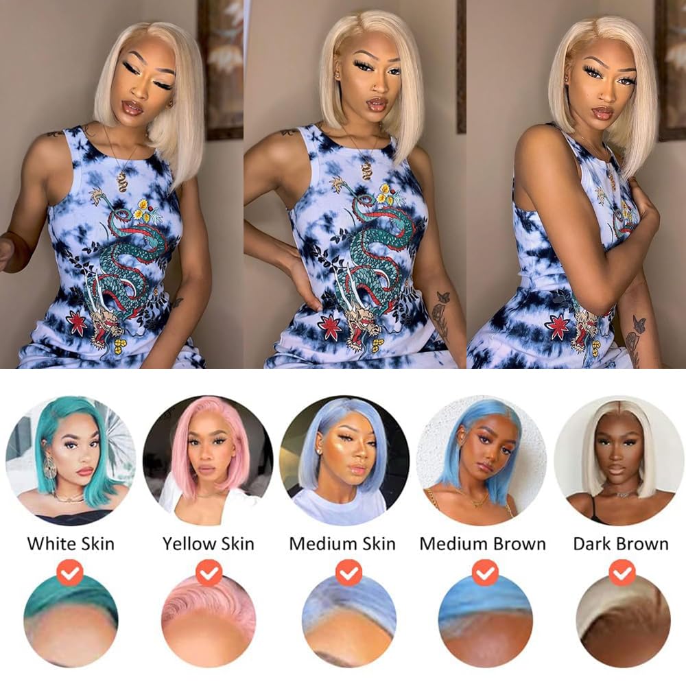 Amazon.com : Blonde Bob Wig Human Hair 180% Density 613  display picture 3